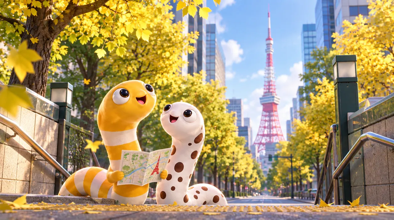 朝の地下鉄の出口から、イチョウ並木の先の東京タワーを見上げる2匹のちんあなご(イメージ画像)