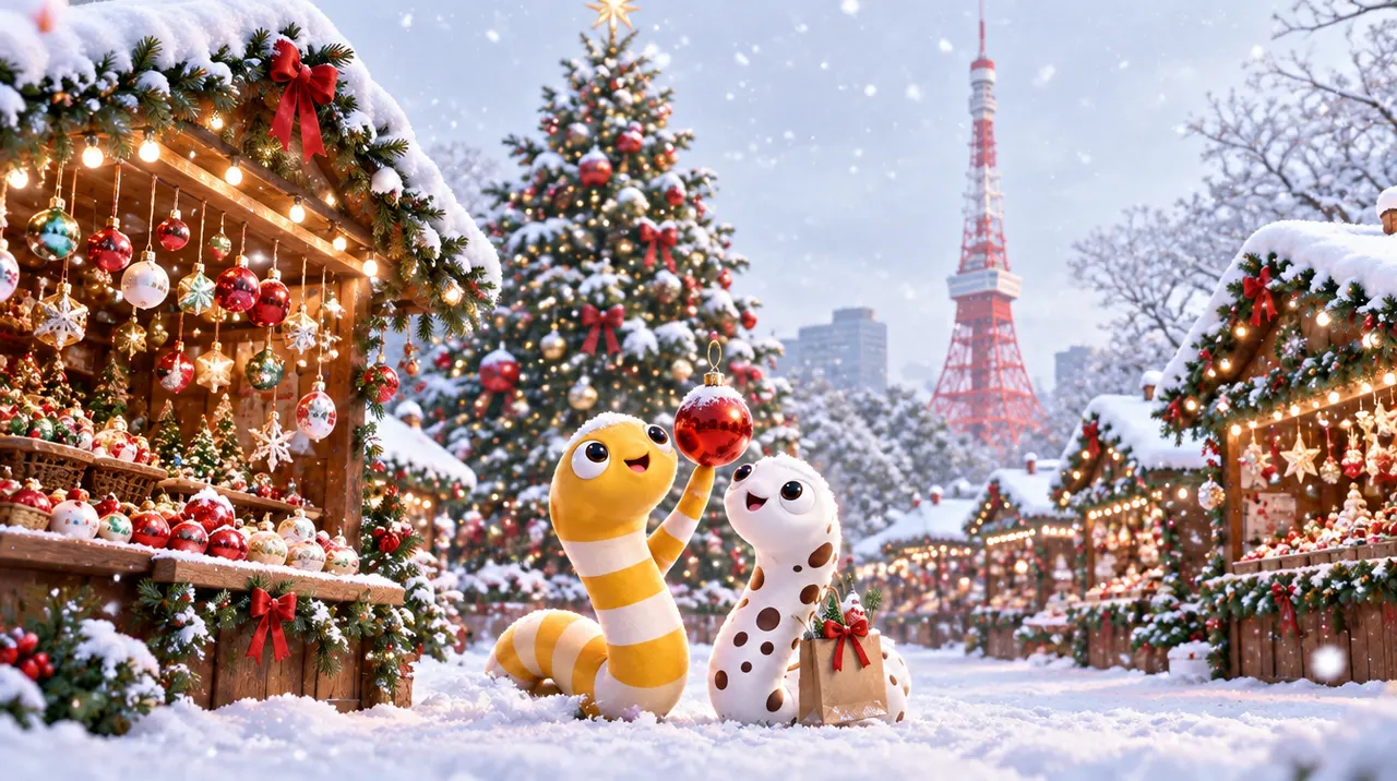 雪のクリスマスマーケットでオーナメントを選ぶ2匹のちんあなご(イメージ画像)
