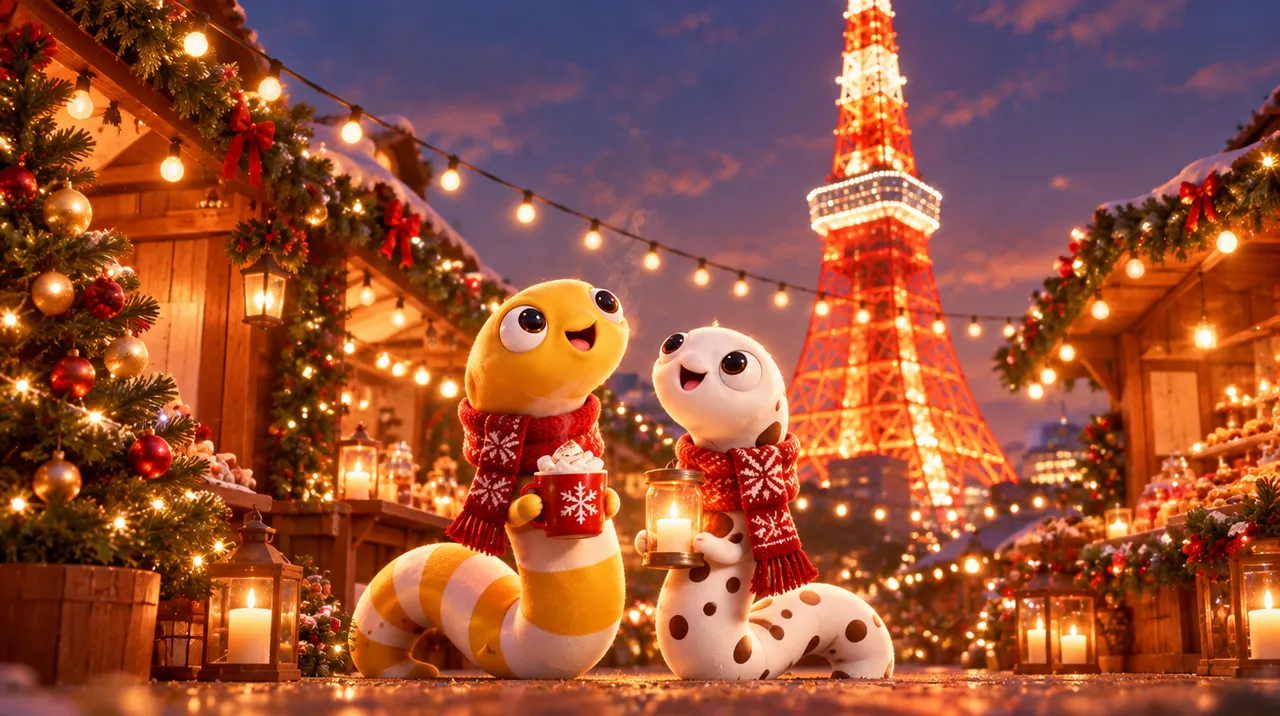 夕方のマーケットで、ろうそくとココアを持つ2匹のちんあなご(イメージ画像)