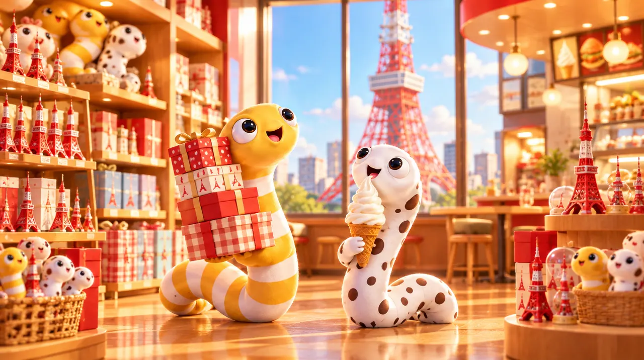 お土産の箱とソフトクリームを持つ2匹のちんあなご（イメージ画像）
