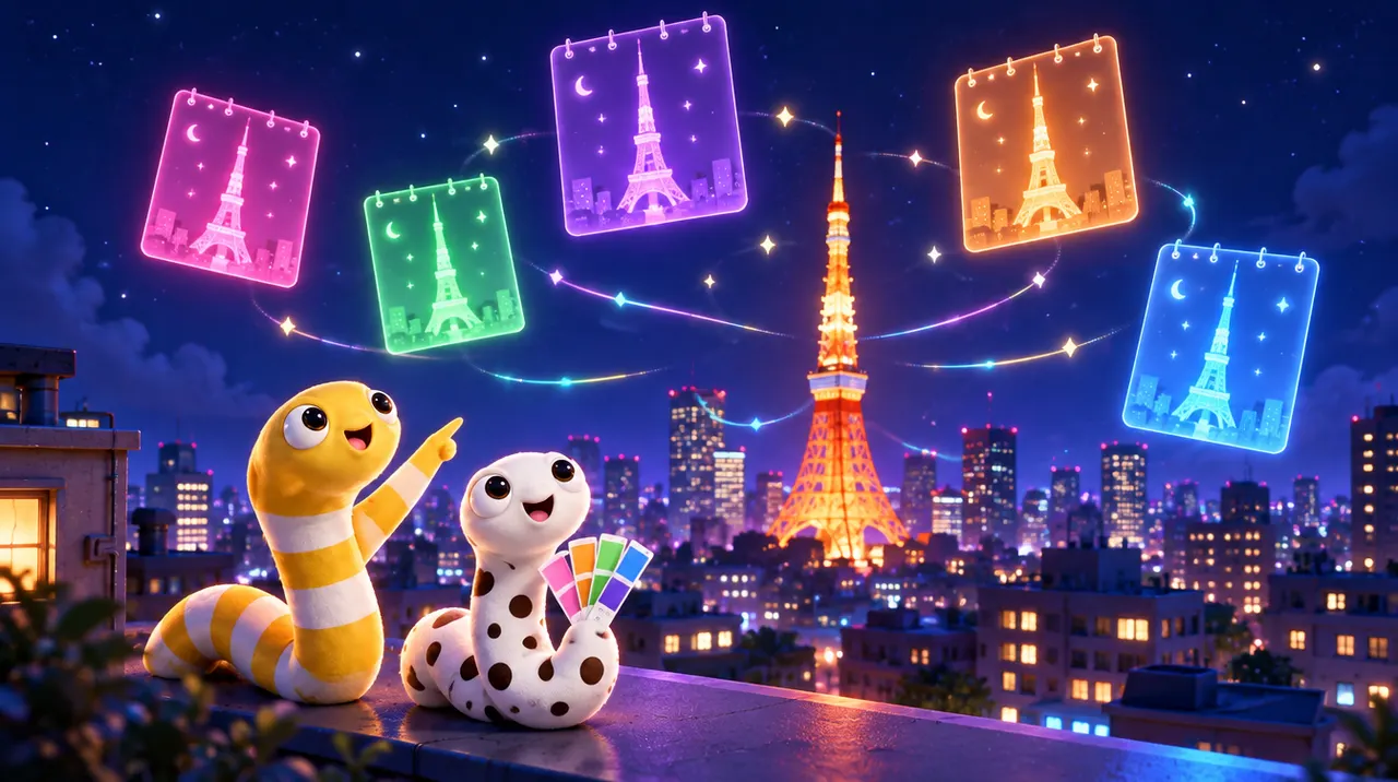 夜の屋上で、色ごとの東京タワーの札を見上げる2匹のちんあなご（イメージ画像）