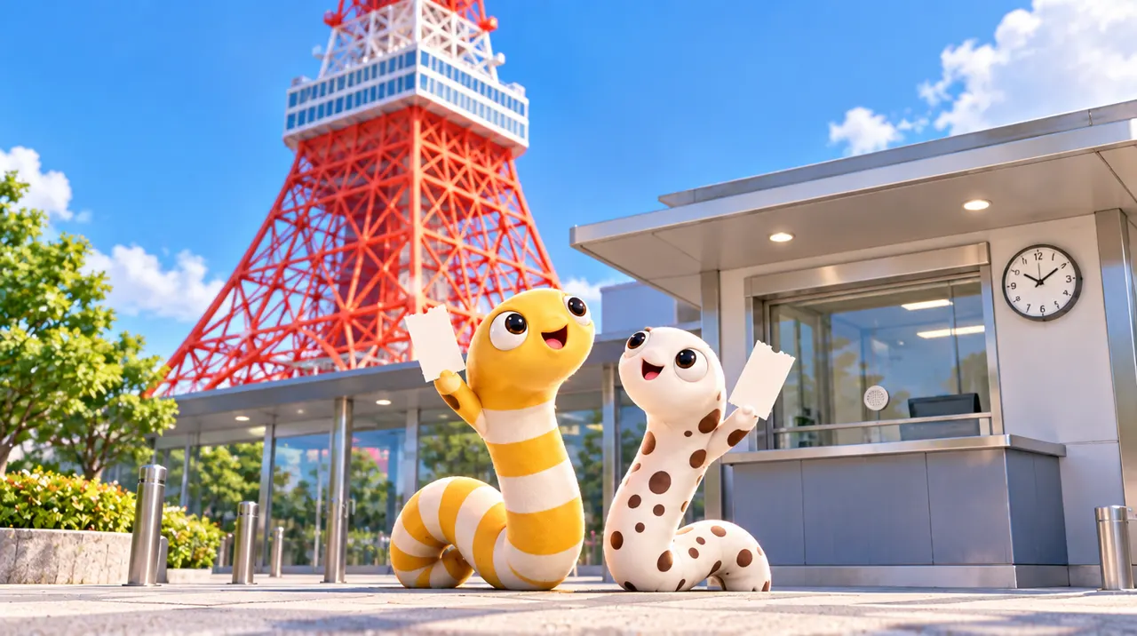昼の東京タワーの入口で、チケットを掲げる2匹のちんあなご（イメージ画像）