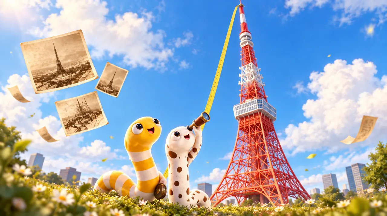 巻き尺で東京タワーの高さを測る2匹のちんあなご(イメージ画像)